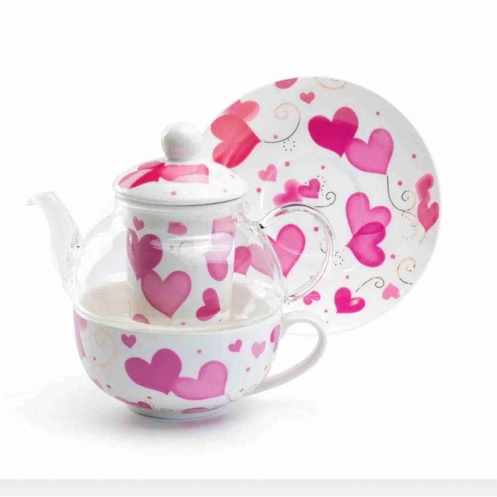 Grace’s Teaware Pink Hearts Glass and Fine Porcelain Tea For One Set